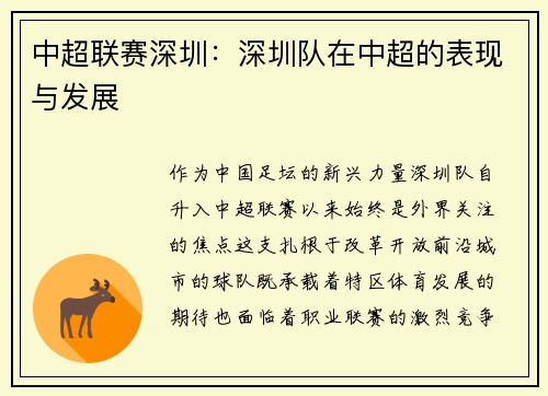 中超联赛深圳：深圳队在中超的表现与发展